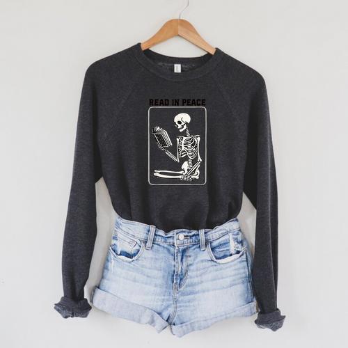 Read In Peace Skeleton Book Lover Bookworm Book Raglan Sleeve Sweatshirt - Bookorys