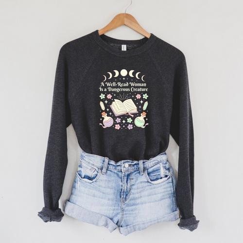 Well Read Woman Literature Quote Celestial Book Floral Raglan Sleeve Sweatshirt - Bookorys