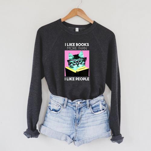 Reading Kitty I Like Books Raglan Sleeve Sweatshirt - Bookorys AU