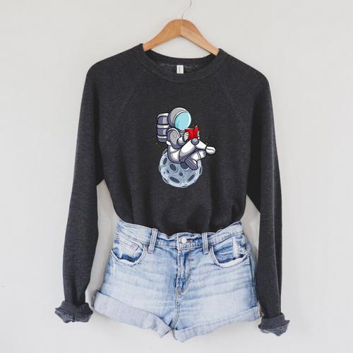 Reading Read Books Reader Nerd Cartoon Astronaut Moon Raglan Sleeve Sweatshirt - Bookorys