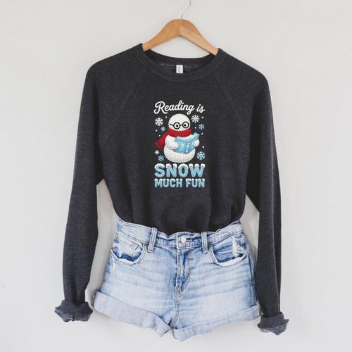 Reading Is Snow Much Fun Book Lover Winter Snowman Humor Raglan Sleeve Sweatshirt - Bookorys