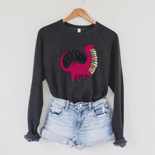 Readosaurus Reading Dinosaur Book Lover Library Studying Raglan Sleeve Sweatshirt - Bookorys AU