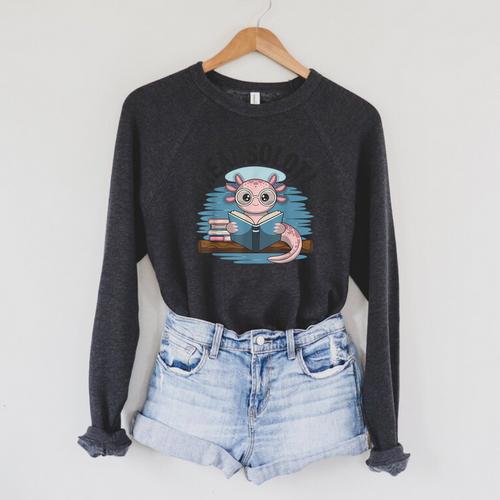 Readsolotl Book Lover Reading Axolotl Kids Reader Raglan Sleeve Sweatshirt - Bookorys AU