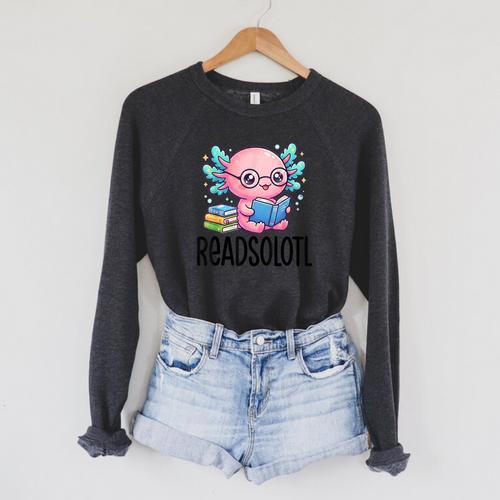 Readsolotl Cute Axolotl Reading Book Kawaii Pink Aesthetic Raglan Sleeve Sweatshirt - Bookorys CA