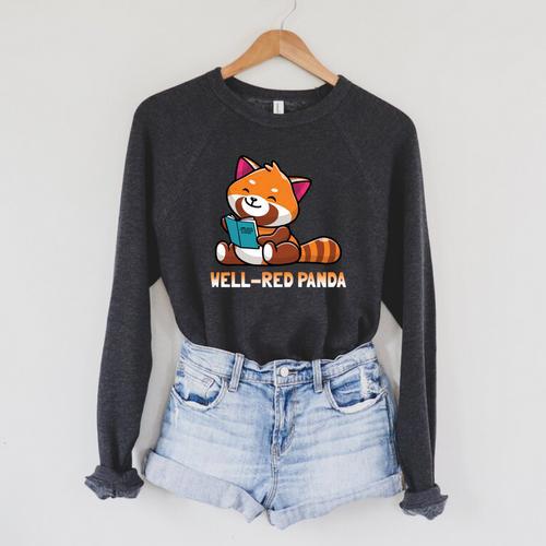 Well Red Panda Shirt Bookworm Reading Books Panda Raglan Sleeve Sweatshirt - Bookorys