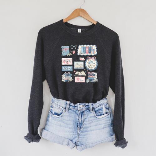 Retro Bookish Love Collage Book Lover Librarian Scrapbook Raglan Sleeve Sweatshirt - Bookorys CA