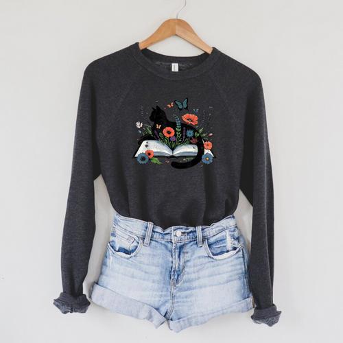 Retro Cute Cat Floral Book Librarian Vintage Floral Cat Book Raglan Sleeve Sweatshirt - Bookorys AU