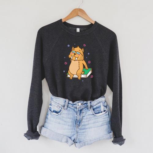 Sabre-Toothed Tiger Loves Books Wildcat Raglan Sleeve Sweatshirt - Bookorys