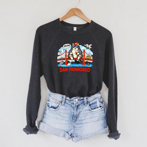 San Francisco Cat Golden Gate Bridge Book Lover Premium Tri-Blend Raglan Sleeve Sweatshirt - Bookorys AU
