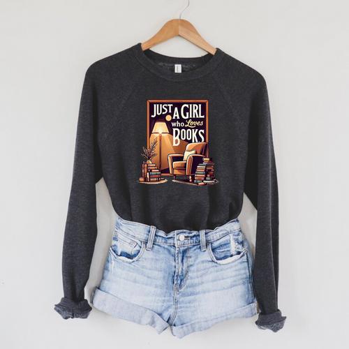 Vintage Just A Girl Who Loves Books Retro Bookworm Reader Raglan Sleeve Sweatshirt - Bookorys CA