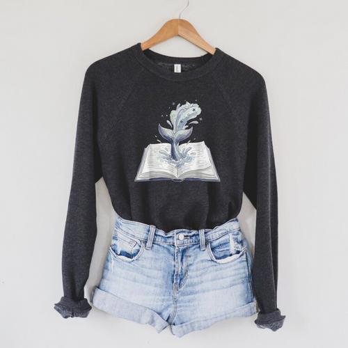 Whale Watching Dive Into Reading Open Book Watercolor Kids Raglan Sleeve Sweatshirt - Bookorys DE