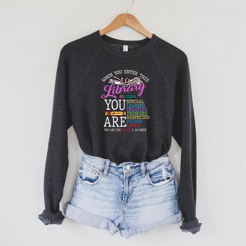 When You Enter This Library Book Reader Reading Raglan Sleeve Sweatshirt - Bookorys CA