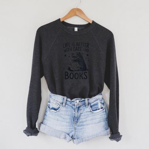 Women's Life Is Better With Cats And Books Cat Raglan Sleeve Sweatshirt - Bookorys