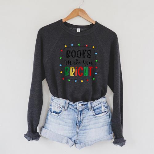XboE Books Make Bright Christmas Light Merry Xmas Bookworm Raglan Sleeve Sweatshirt - Bookorys UK
