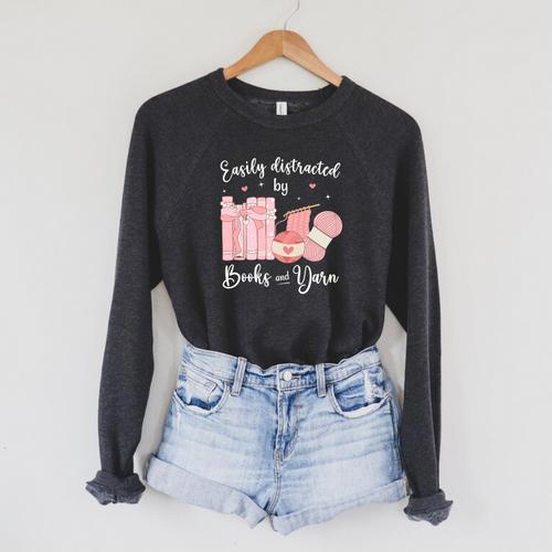 Yarn Quote Easily Distracted By Books And Yarn Reader Premium Tri-Blend Raglan Sleeve Sweatshirt - Bookorys AU