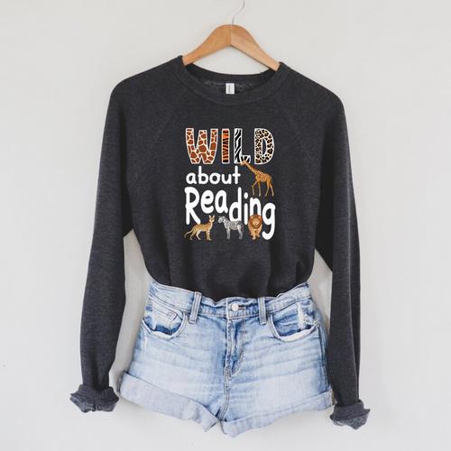 Zoo Animals Wild About Reading Books Reader Lover Librarian Premium Tri-Blend Raglan Sleeve Sweatshirt - Bookorys AU