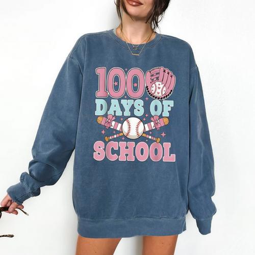 100 Days Of School Baseball 100th Day Of School Girls Comfort Colors Sweatshirt - Sportilla