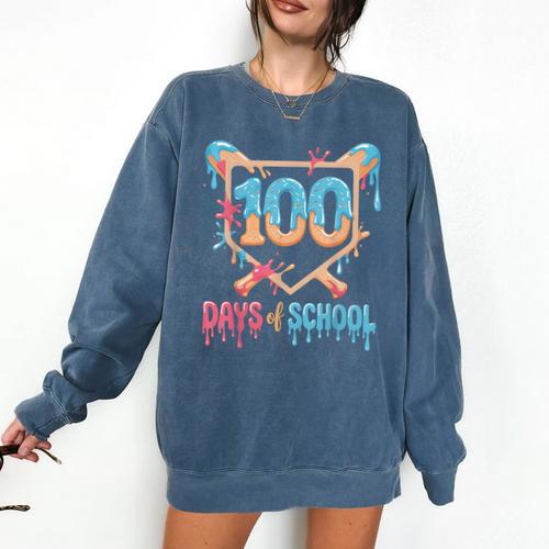 100 Days Of School Baseball Drip 100 Days Of School Comfort Colors Sweatshirt - Sportilla
