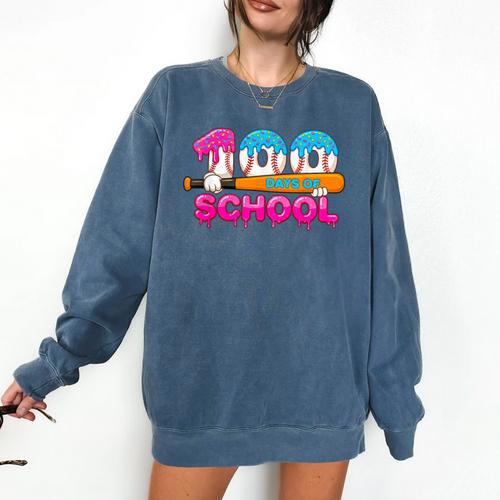 100 Days Of School Baseball Ice Cream Drip For Teacher Kid Comfort Colors Sweatshirt - Sportilla