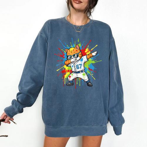 67 Baseball Dabbing Cat 6 7 Dripping Ice Cream Meme Comfort Colors Sweatshirt - Sportilla