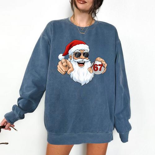67 Baseball Santa Six Seven Meme Christmas Men Women Kids Comfort Colors Sweatshirt - Sportilla