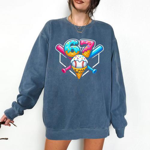 67 Ice Cream Drip Baseball Meme Six Seven Gen Alpha Slang Comfort Colors Sweatshirt - Sportilla