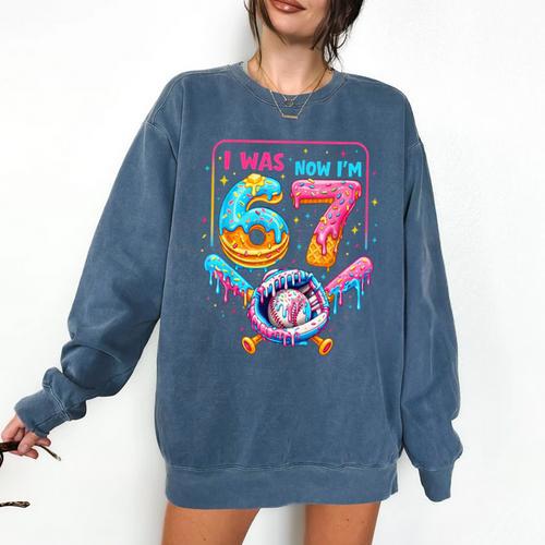7th Birthday Boys I Was 6 Now I'm 7 Baseball Ice Cream Drip Comfort Colors Sweatshirt - Sportilla