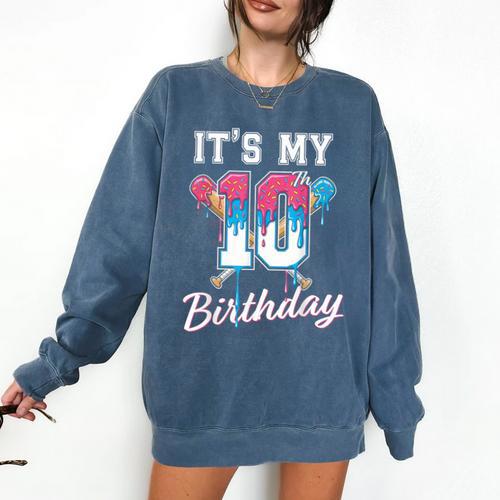 Baseball 10 Year Old Ice Cream Drip 10th Birthday Boys Comfort Colors Sweatshirt - Sportilla