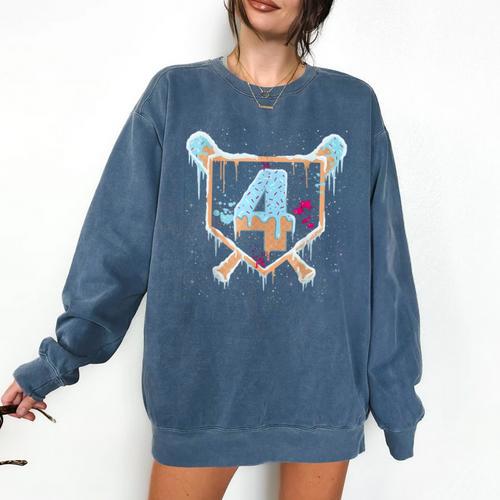 Baseball 4 Year Old Ice Cream Drip 4th Birthday Boy Number 4 Comfort Colors Sweatshirt - Sportilla
