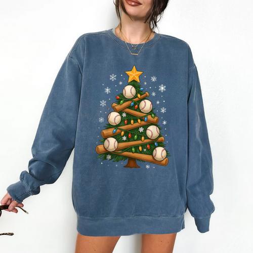Baseball Bat Christmas Tree Lights Holiday Xmas Comfort Colors Sweatshirt - Sportilla