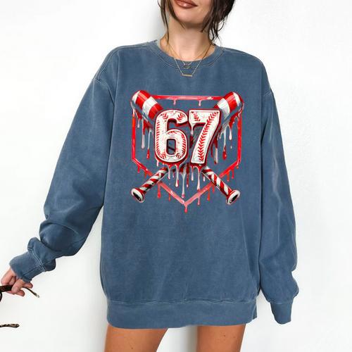 Baseball Candy Cane Drip 6 7 Six Seven Meme Christmas Boys Comfort Colors Sweatshirt - Sportilla