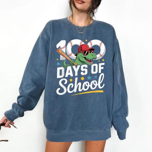 Baseball Dinosaur 100 Days Of School Kids Theme Comfort Colors Sweatshirt - Sportilla