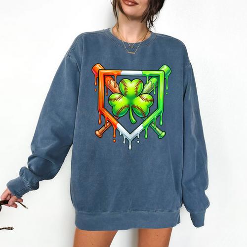 Baseball Drip Ice Cream St Patricks Day Shamrock Lucky Comfort Colors Sweatshirt - Sportilla