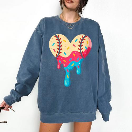 Baseball Drip Melting Ice Cream Baseball Heart Boys Girls Comfort Colors Sweatshirt - Sportilla