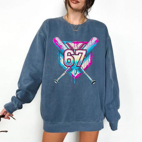 Baseball Dripping 67 Home Plate Six Seven Boy Kids Sports Comfort Colors Sweatshirt - Sportilla