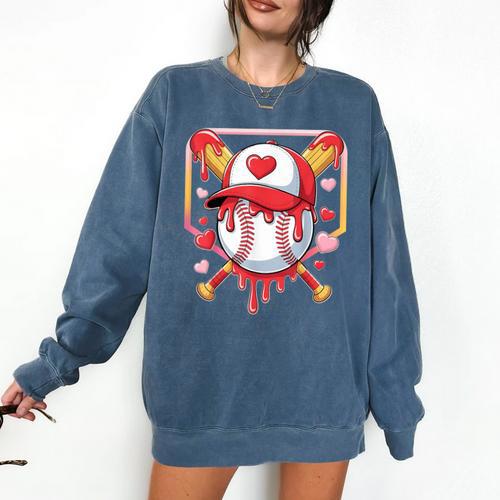 Baseball Heart Valentines Day Baseball Ice Cream Drip Boys Comfort Colors Sweatshirt - Sportilla