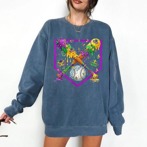 Baseball Ice Cream Drip Boys Mardi Gras Carnival Party Mask Comfort Colors Sweatshirt - Sportilla