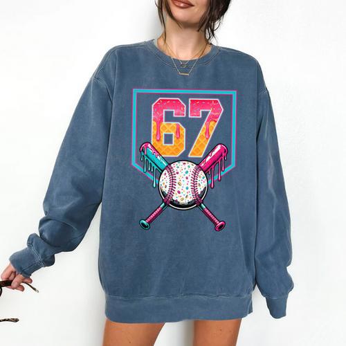 Baseball Ice Cream Drip Number 67 Player 67th Birthday Men Comfort Colors Sweatshirt - Sportilla