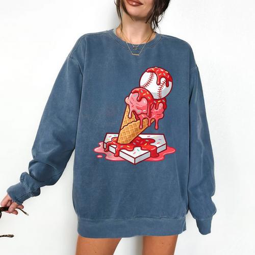 Baseball Ice Cream Drip Youth Strawberry Baseball Red Comfort Colors Sweatshirt - Sportilla