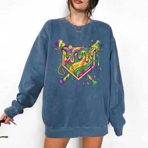 Baseball Mardi Gras Home Plate Ice Cream Drip Carnival Mask Comfort Colors Sweatshirt - Sportilla