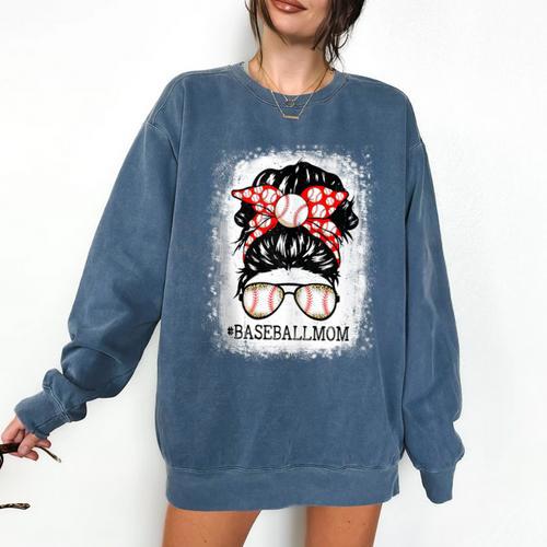 Baseball Mom Messy Bun Hair Player Mom Comfort Colors Sweatshirt - Sportilla