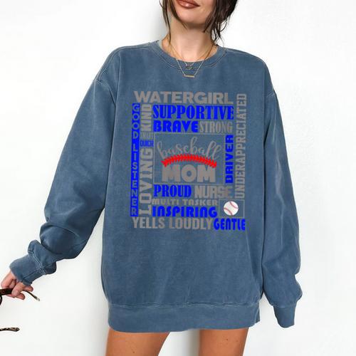 Baseball Mom Traits For Great Mothers Grey And Blue Comfort Colors Sweatshirt - Sportilla