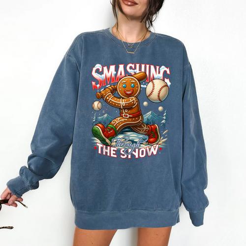 Baseball Player Christmas Gingerbread Smashing Through Snow Comfort Colors Sweatshirt - Sportilla