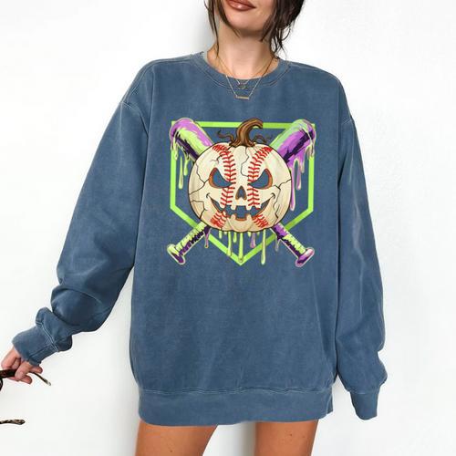 Baseball Pumpkin Halloween Baseball Drip Spooky Halloween Comfort Colors Sweatshirt - Sportilla