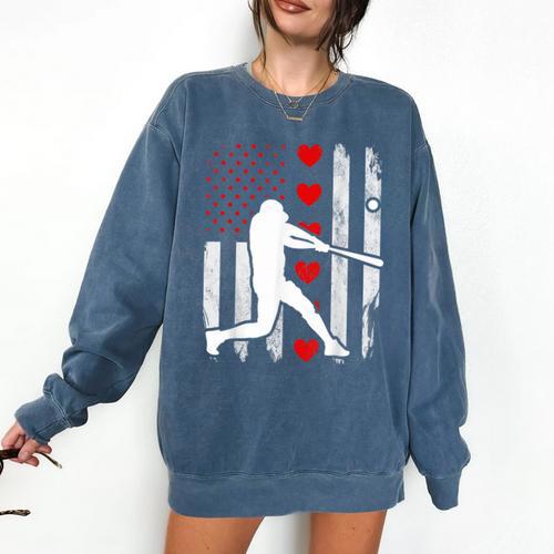 Baseball Silhouette Heart USA Flag Hearts American Boys Kids Comfort Colors Sweatshirt - Sportilla
