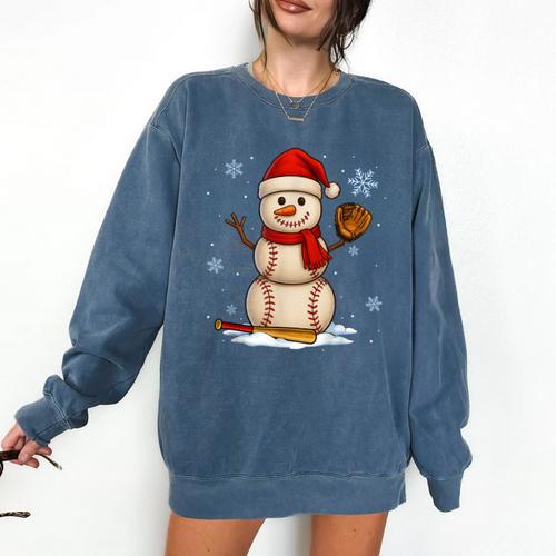 Baseball Snowman Merry Christmas Holiday Sports Xmas Pajamas Comfort Colors Sweatshirt - Sportilla