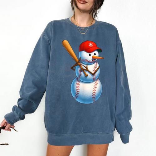 Baseball Snowman Merry Christmas Xmas Pajamas Men Women Kids Comfort Colors Sweatshirt - Sportilla