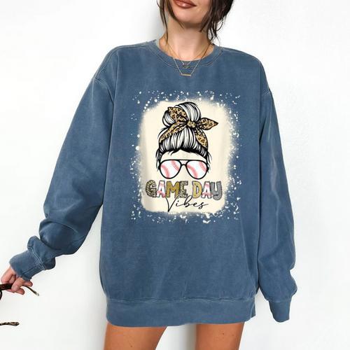Bleached Messy Bun Game Day Vibes Baseball Mom Game Day Comfort Colors Sweatshirt - Sportilla