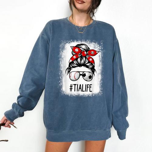 Bleached Tia Life Soccer Messy Bun Baseball Game Day Comfort Colors Sweatshirt - Sportilla