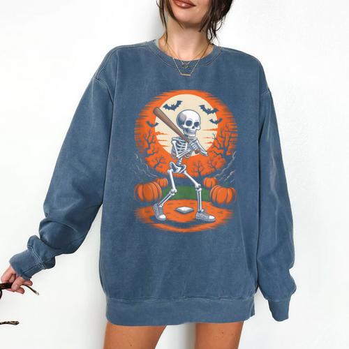 Halloween Skeleton Baseball Player Costume Men Boys Kids Comfort Colors Sweatshirt - Sportilla